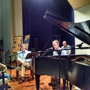 Pianist Chad Lawson, host Duncan McFadyen and guests from Steinway Piano Gallery Charlotte. (David Boraks/WFAE)