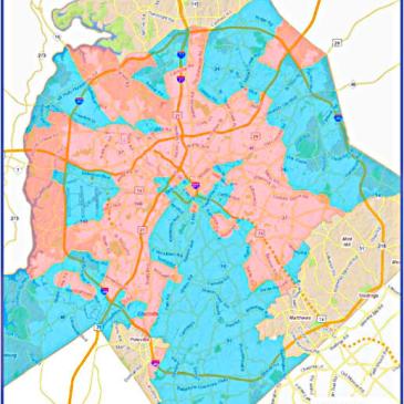 Charlotte's 2011 Affordable Housing Locational Policy was designed to steer more affordable housing to areas in blue, and away from areas that already have a lot of affordable units (pink).